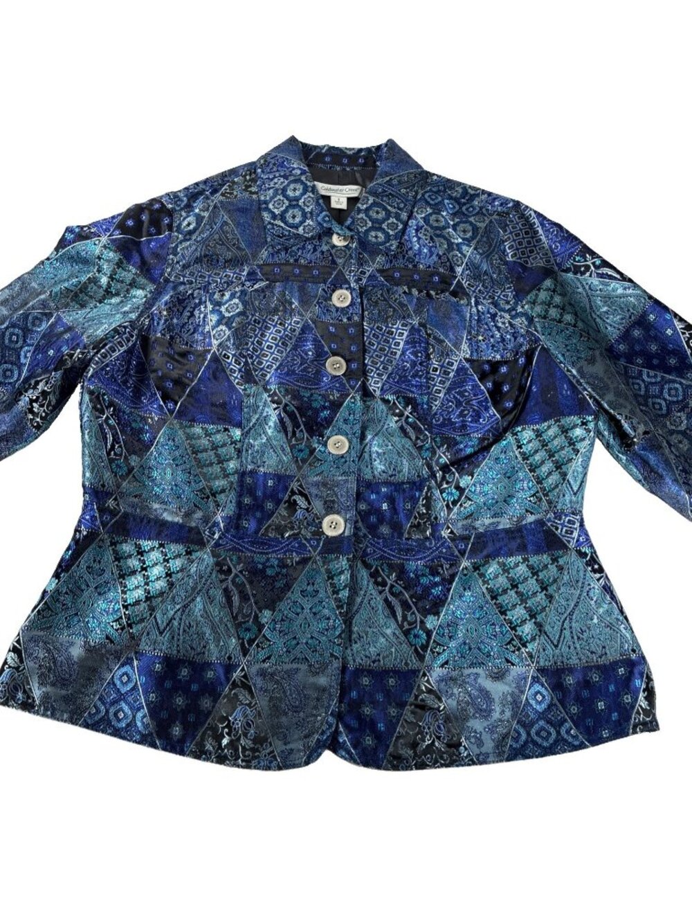 Vintage Coldwater Creek Patchwork Tapestry Jacket 8 Blue Purple Wool Blend Coat